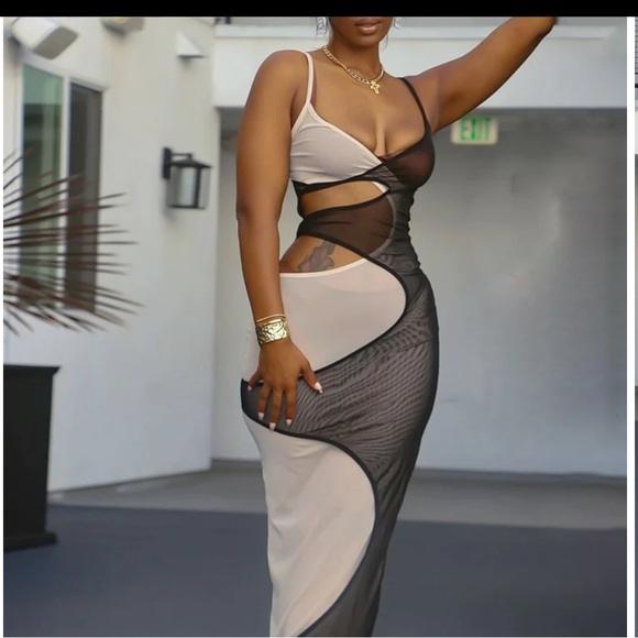 CONTRAST MESH ELEGANT DRESS - Picture 3 of 4